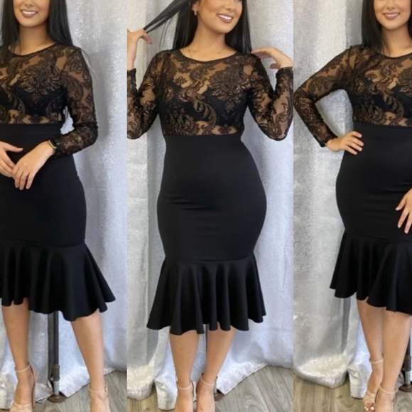 🧡 Black Lace See Thru Top Bodycon Dress - Picture 3 of 8